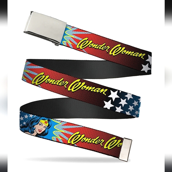 Wonder Woman Themed Belt - Red and Blue Chrome Buckle Web Belt - Picture 1 of 7